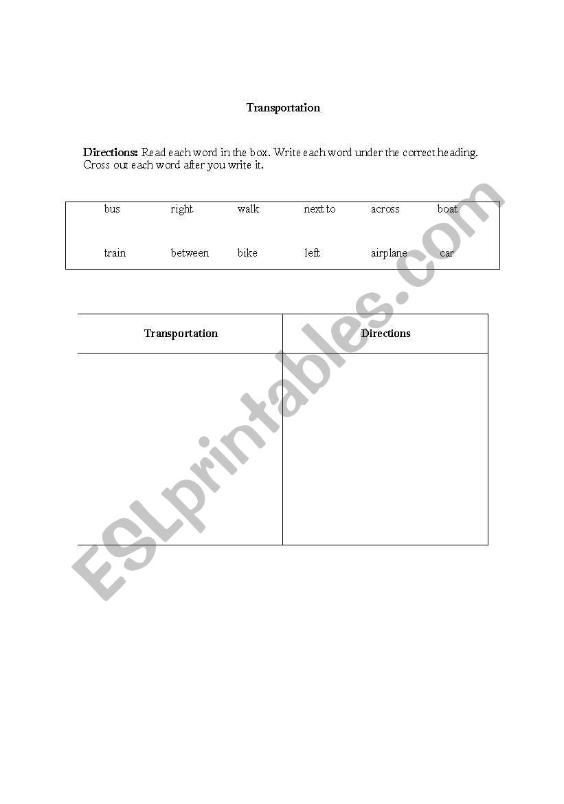 Transportation - Word Sort worksheet