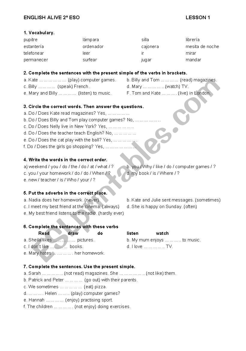 ENGLISH ALIVE 2º ESO - PRACTICE TEST - UNIT 1 - ESL worksheet by stella_bc5