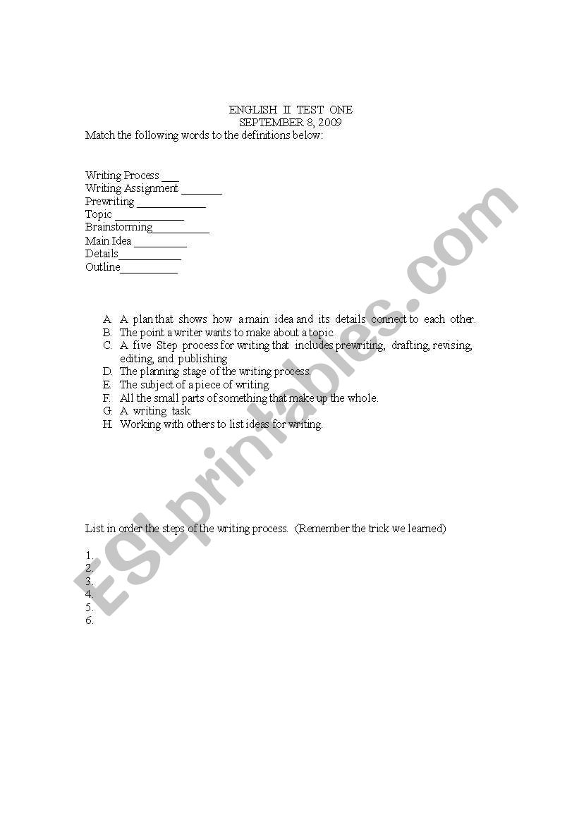 english  I  test worksheet