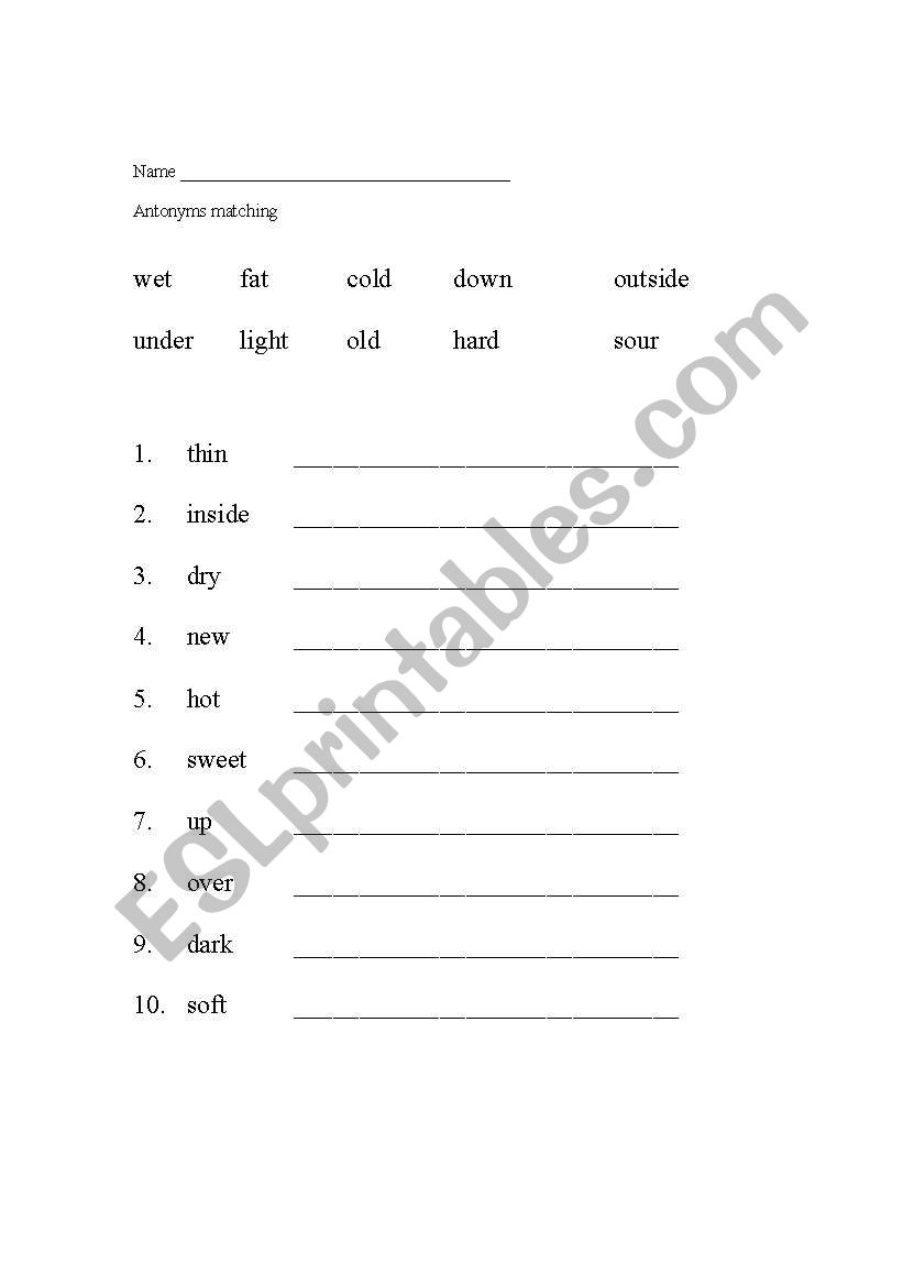 Antonym matching worksheet