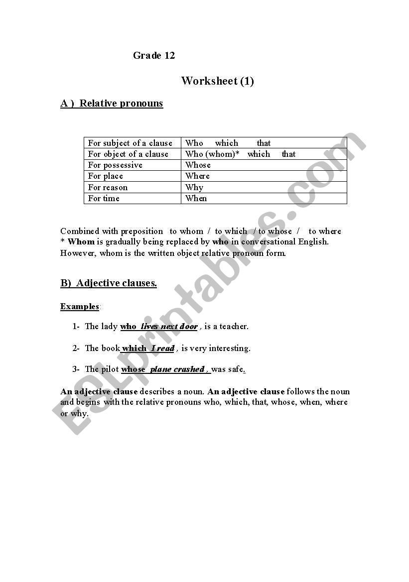 relative pronoun worksheet