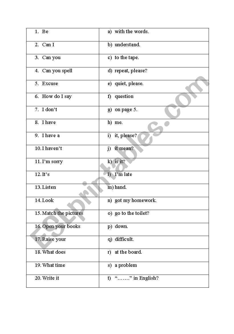 Classroom language worksheet