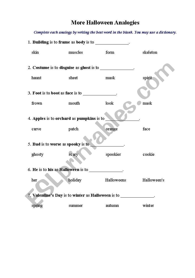 Halloween analogies worksheet