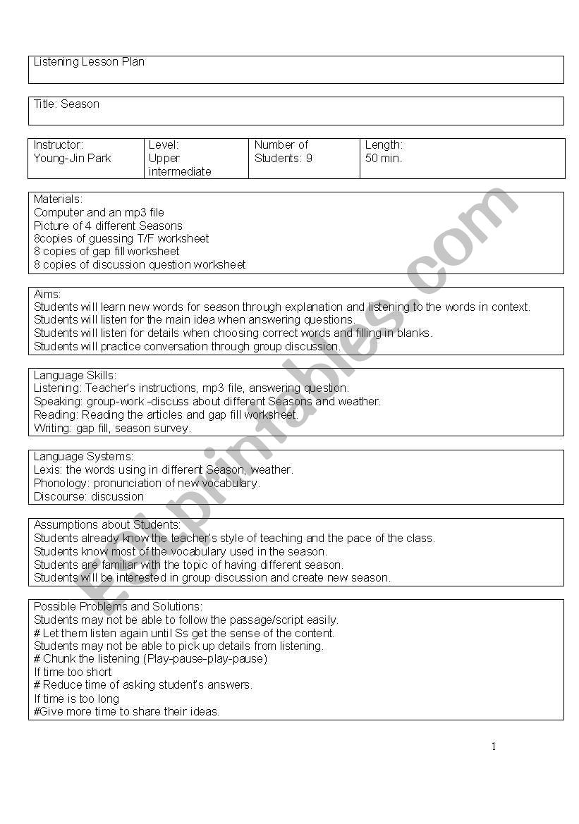 The season worksheet