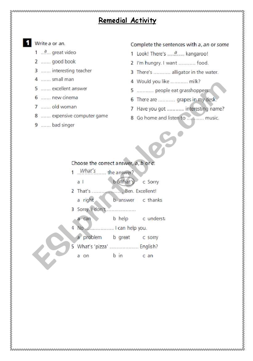 Remedial activity worksheet