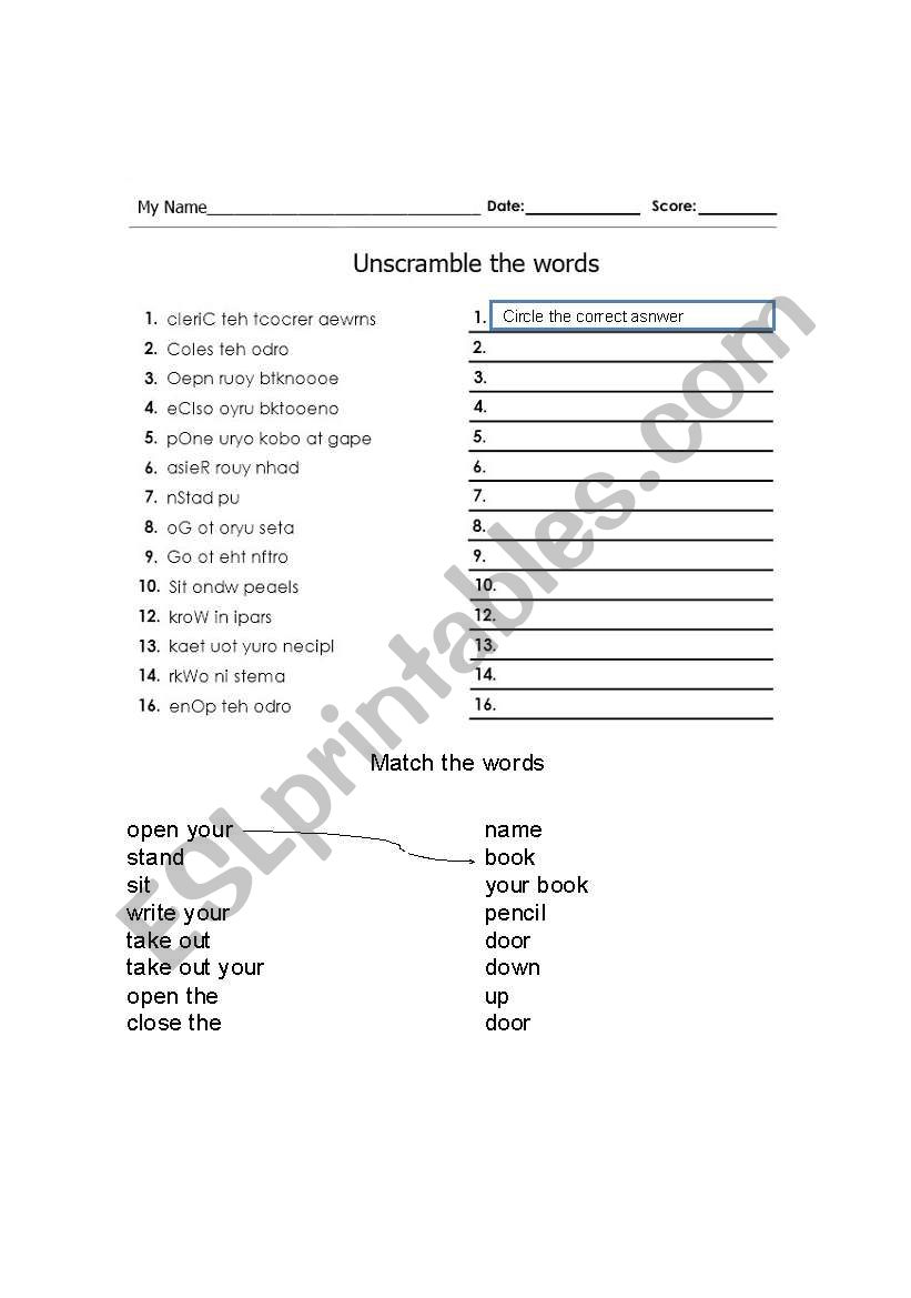 comands worksheet