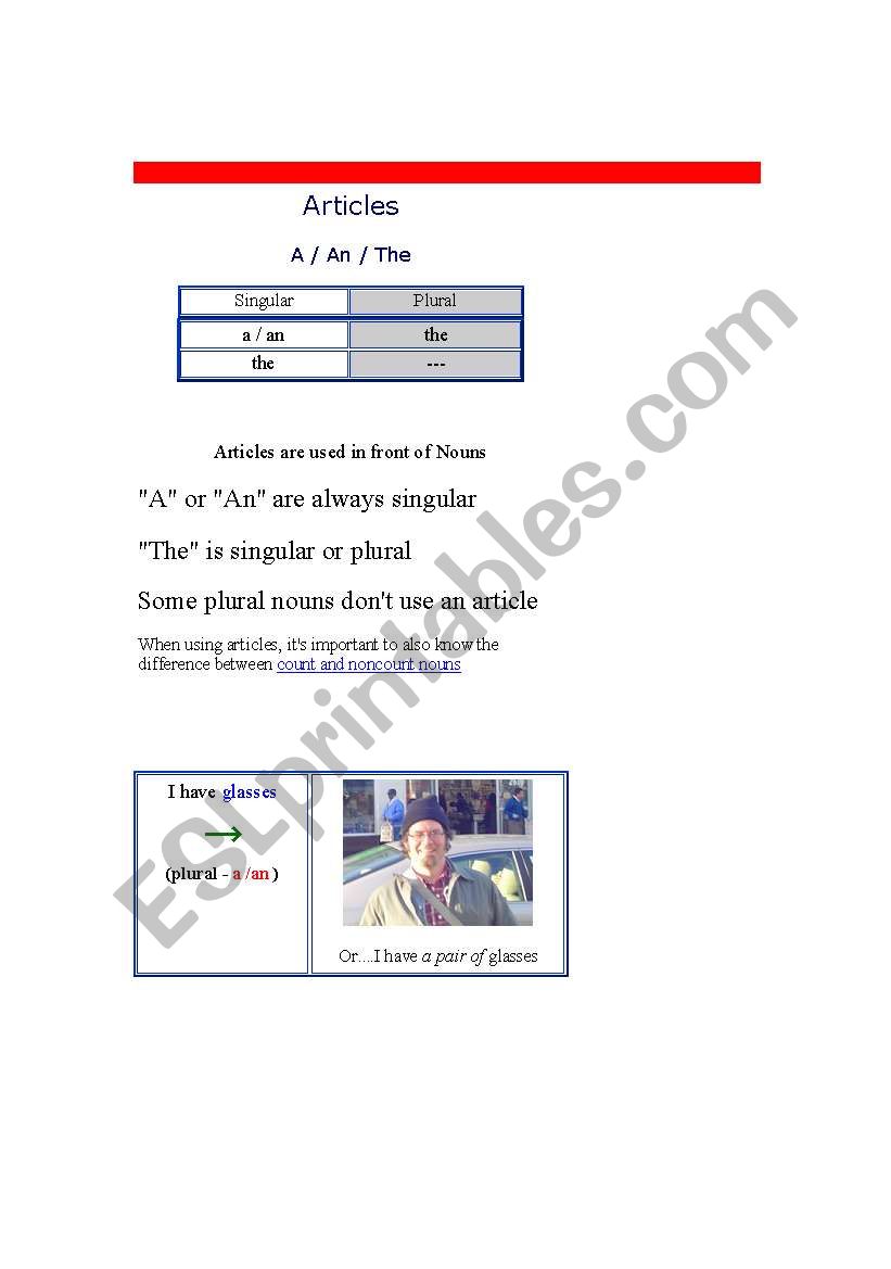 Articles worksheet