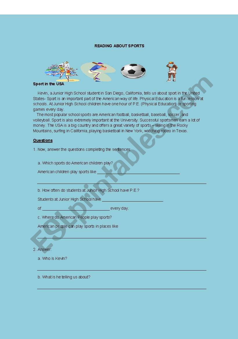 Sports in US worksheet