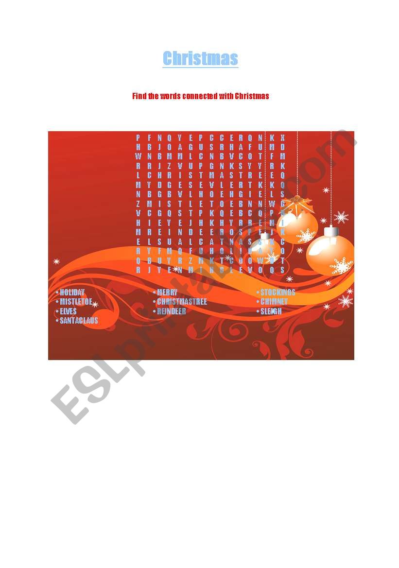 Christmas wordsearch worksheet