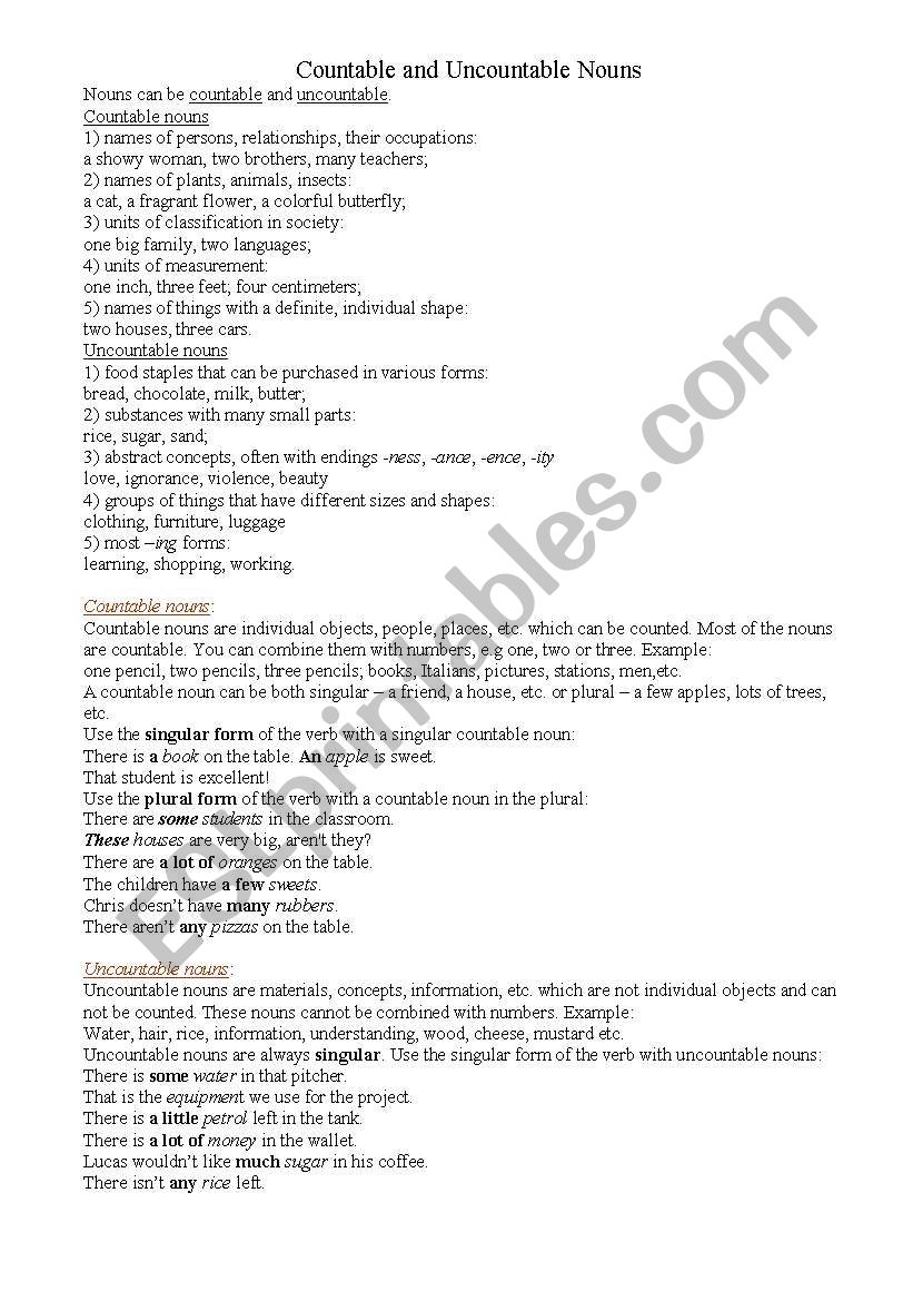 Countable/ Uncoutable nouns. Rules and exercises..