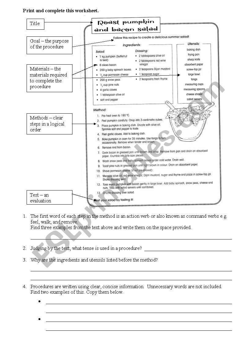 Procedure worksheet - recipe worksheet