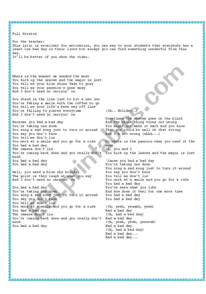 Daniel Powter Bad Day Filling The Blanks Esl Worksheet By Saripb