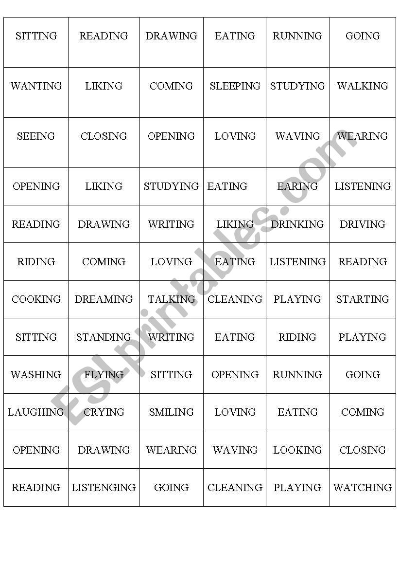 Present Continuous Bingo worksheet