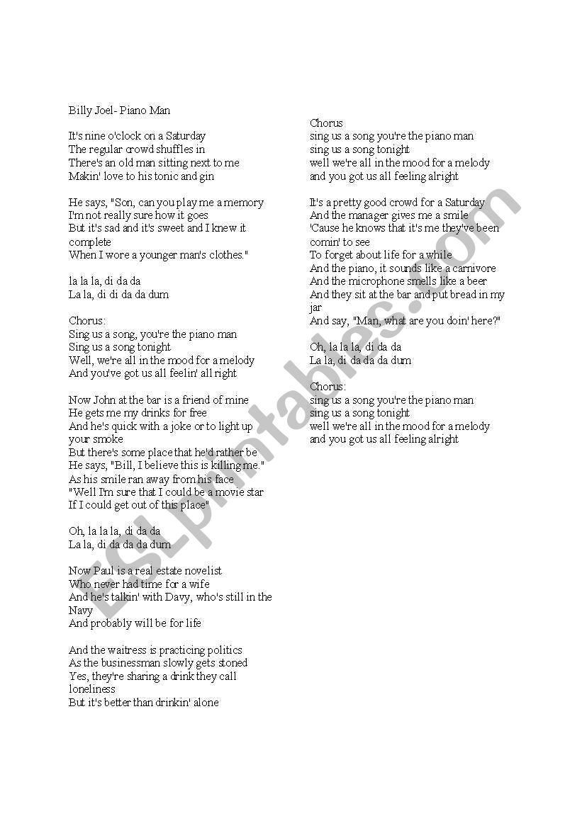 Lyrics To Billy Joels Piano Man