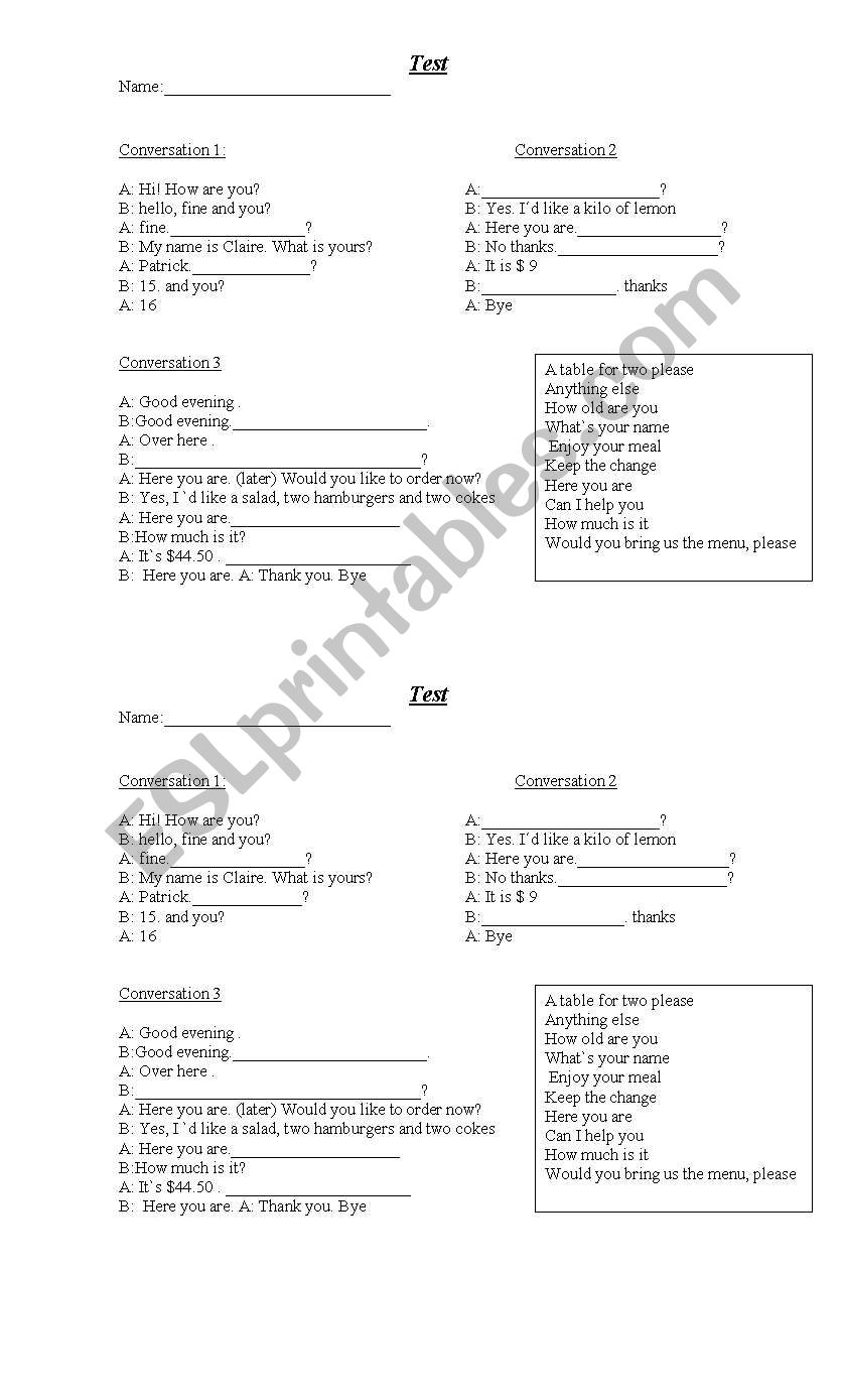 test about dialogues worksheet