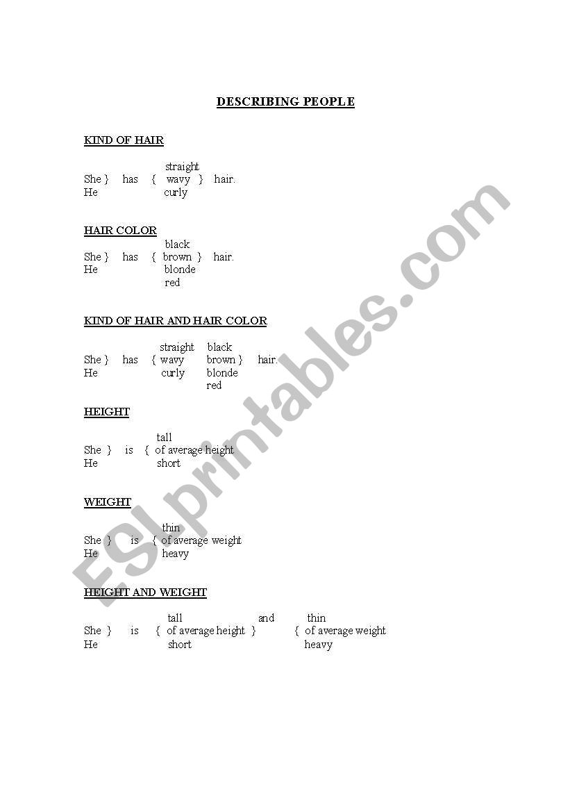 Describing People worksheet