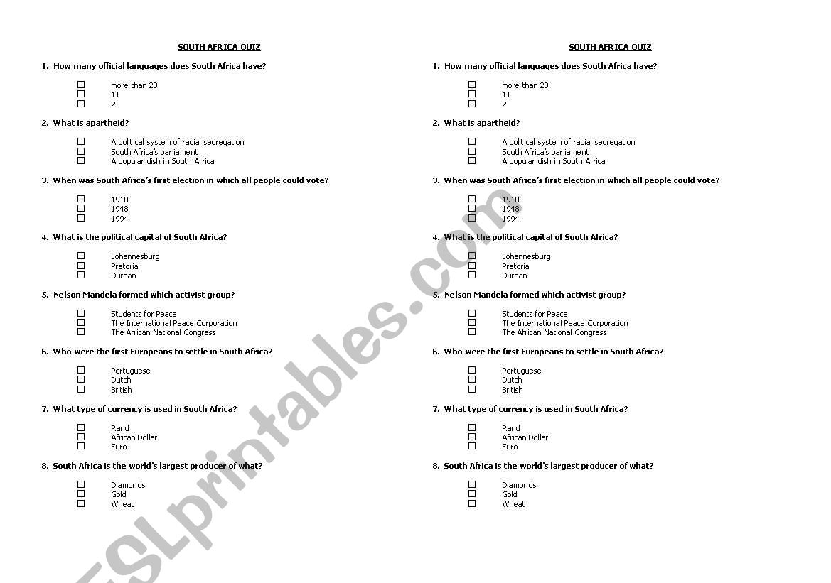 SOUTH AFRICA QUIZ worksheet