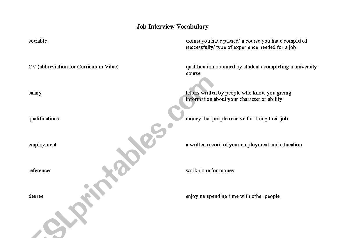 Job Vocab Match up worksheet