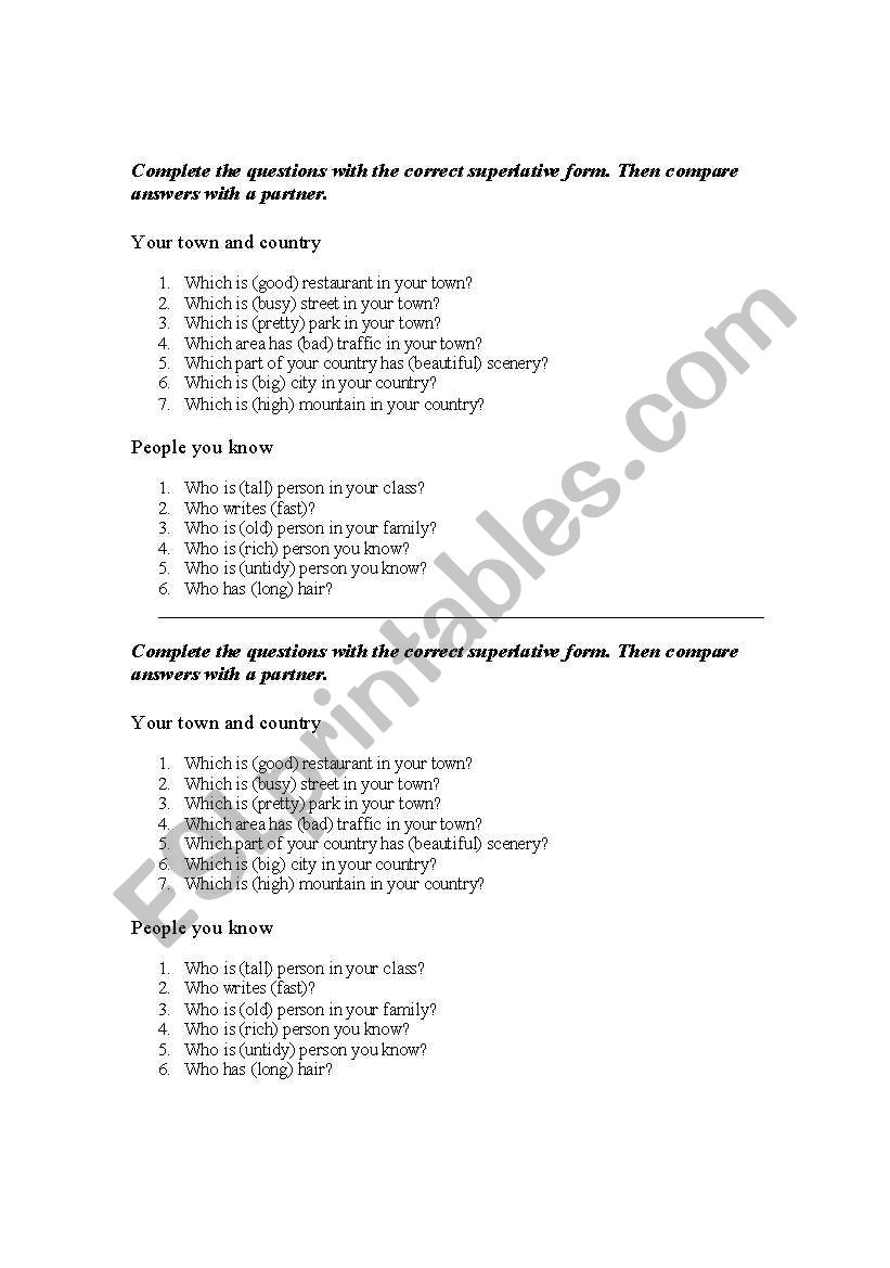 Superlative questions worksheet