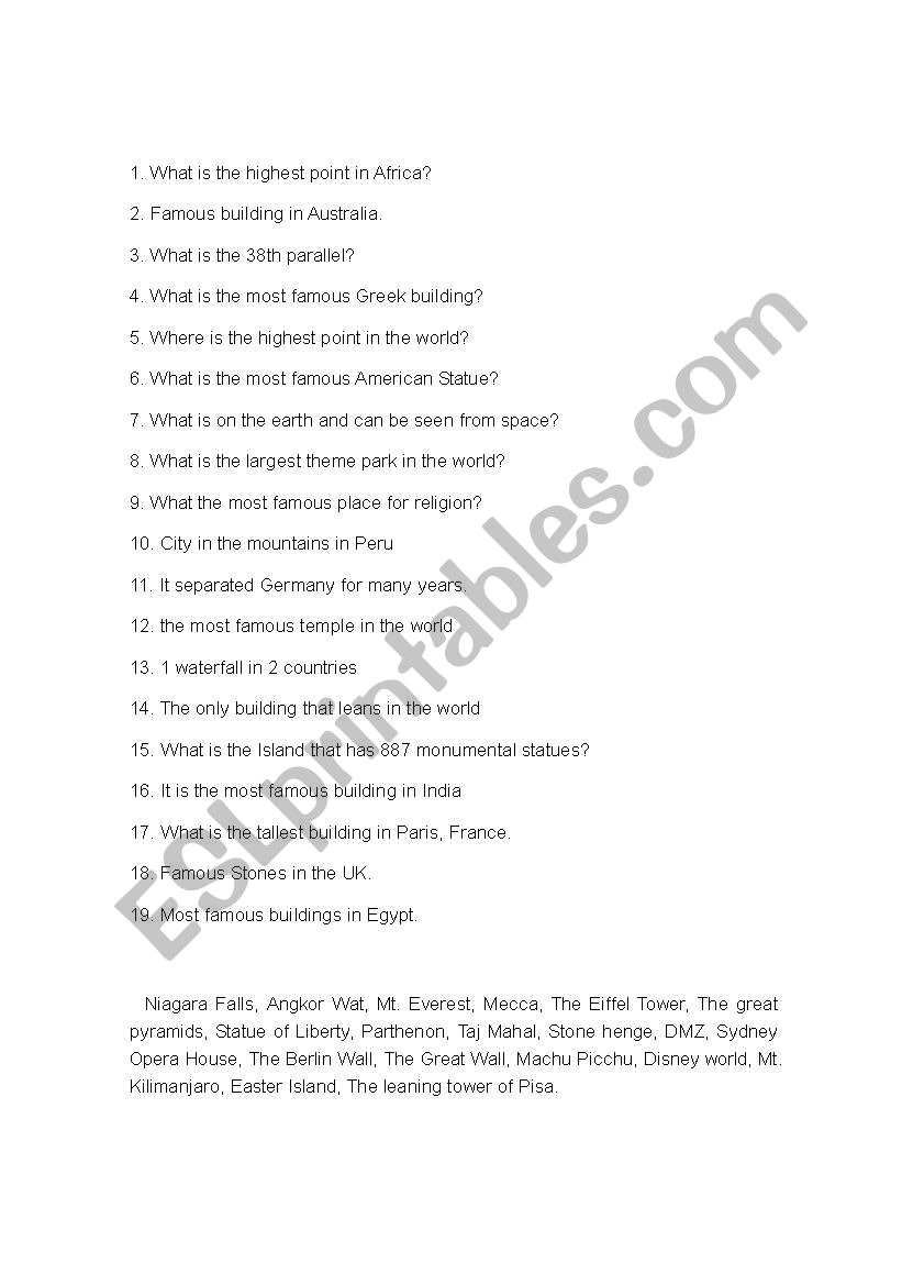 Famous places in the world worksheet