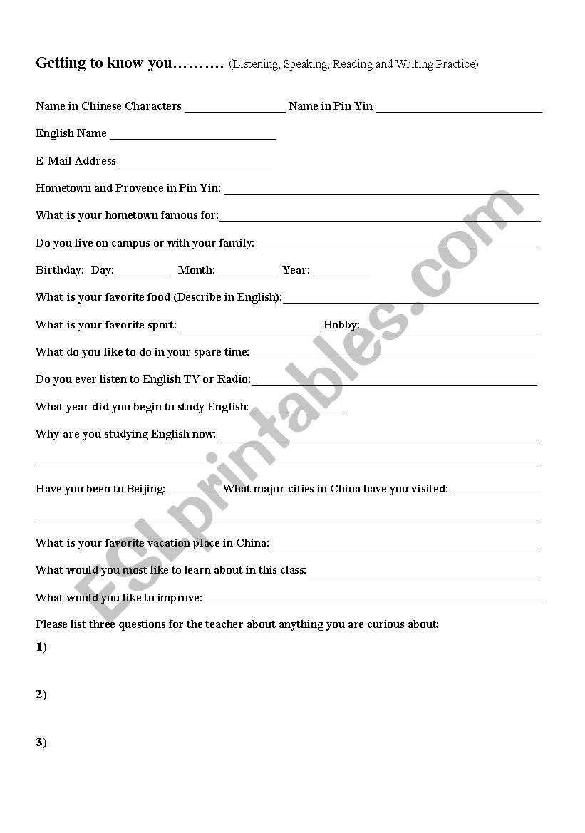 Getting to know you worksheet