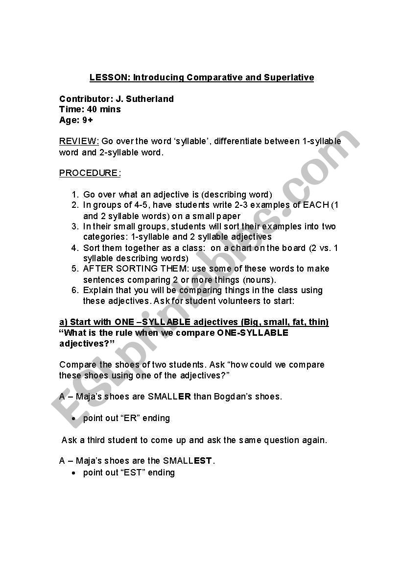 Lesson Plan: One-Syllable & Two-Syllable Comparatives and Superlatives