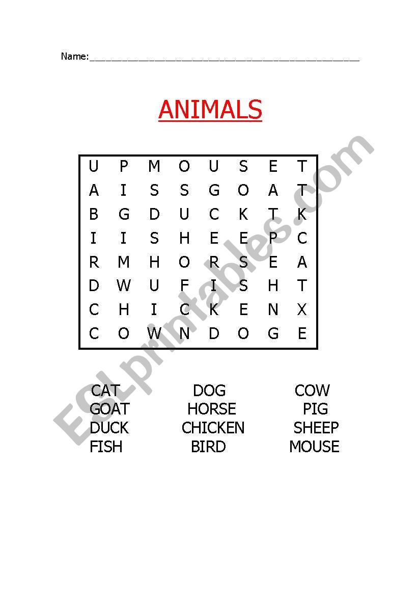 Word search animals worksheet