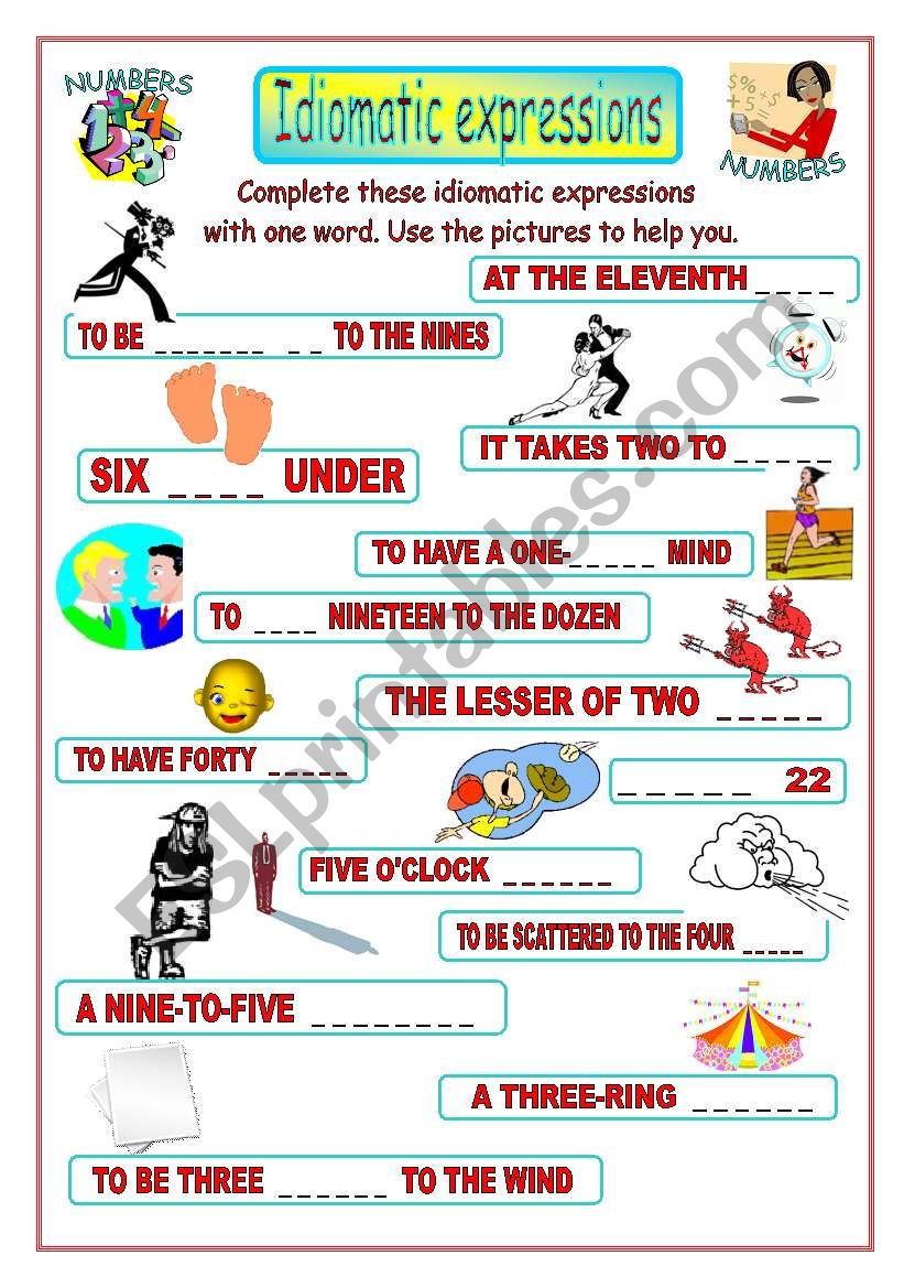 Idiomatic Expressions NUMBERS ESL Worksheet By Pink4 Virginia 