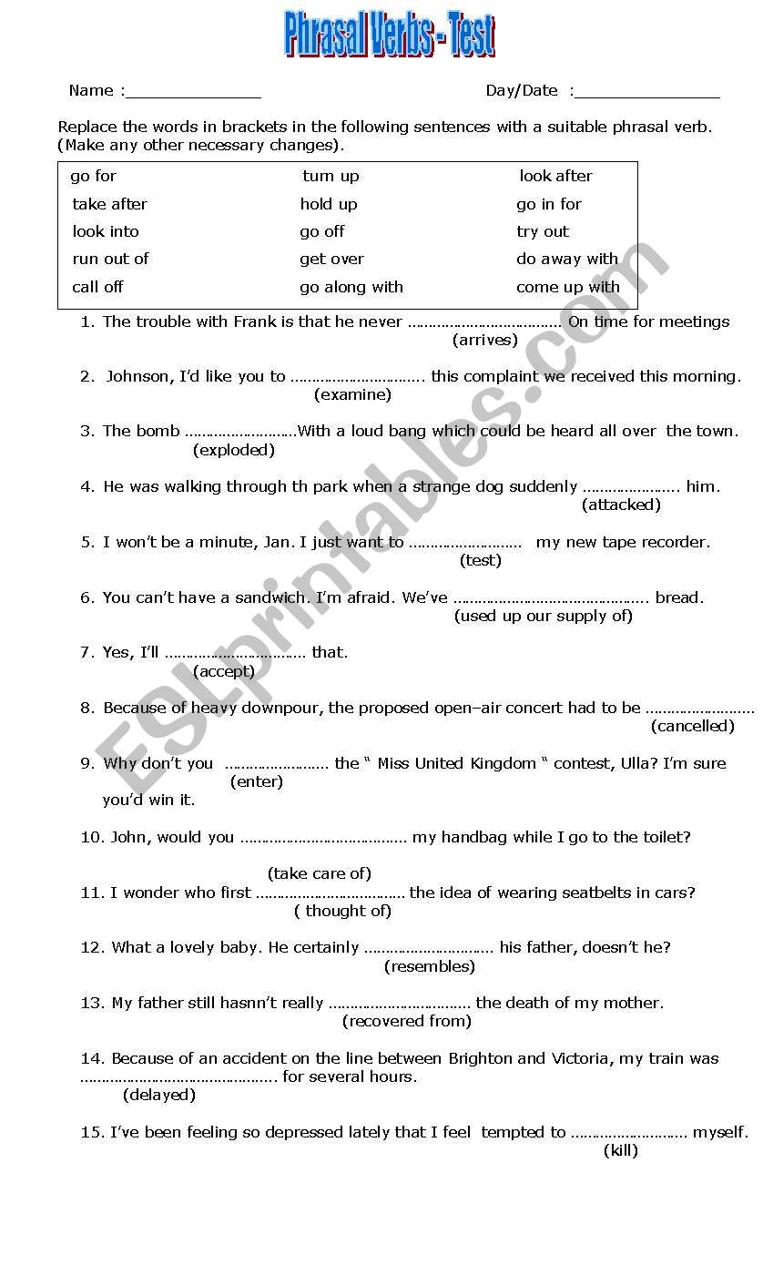 Phrasal Verb Test ESL Worksheet By Zhlebor