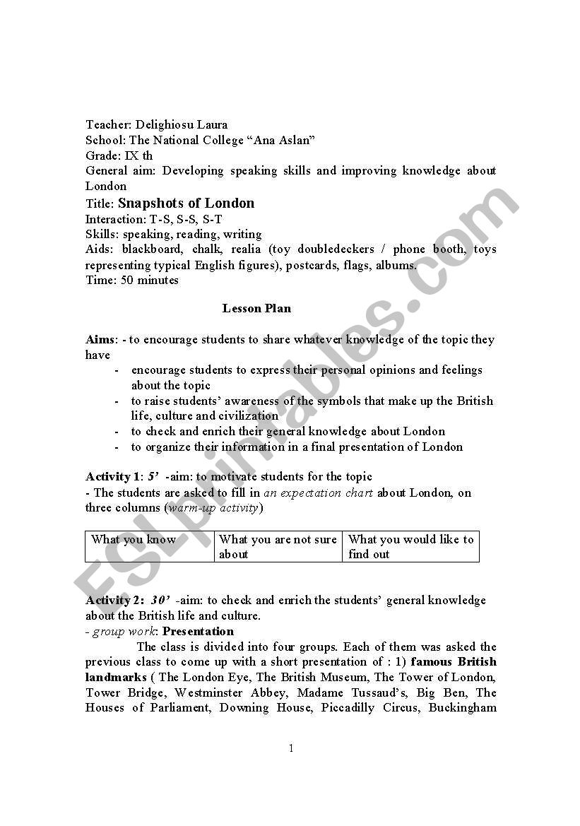 Snapshots of London worksheet