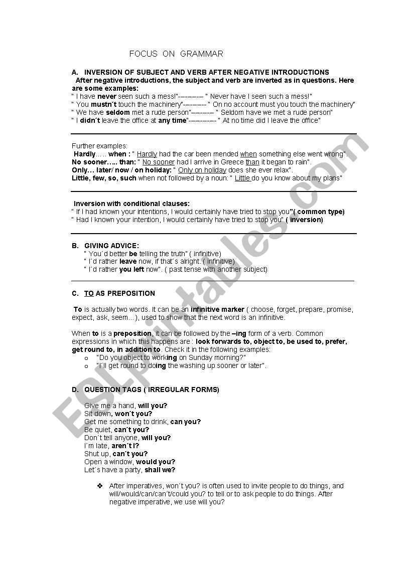Inversion and question tag worksheet