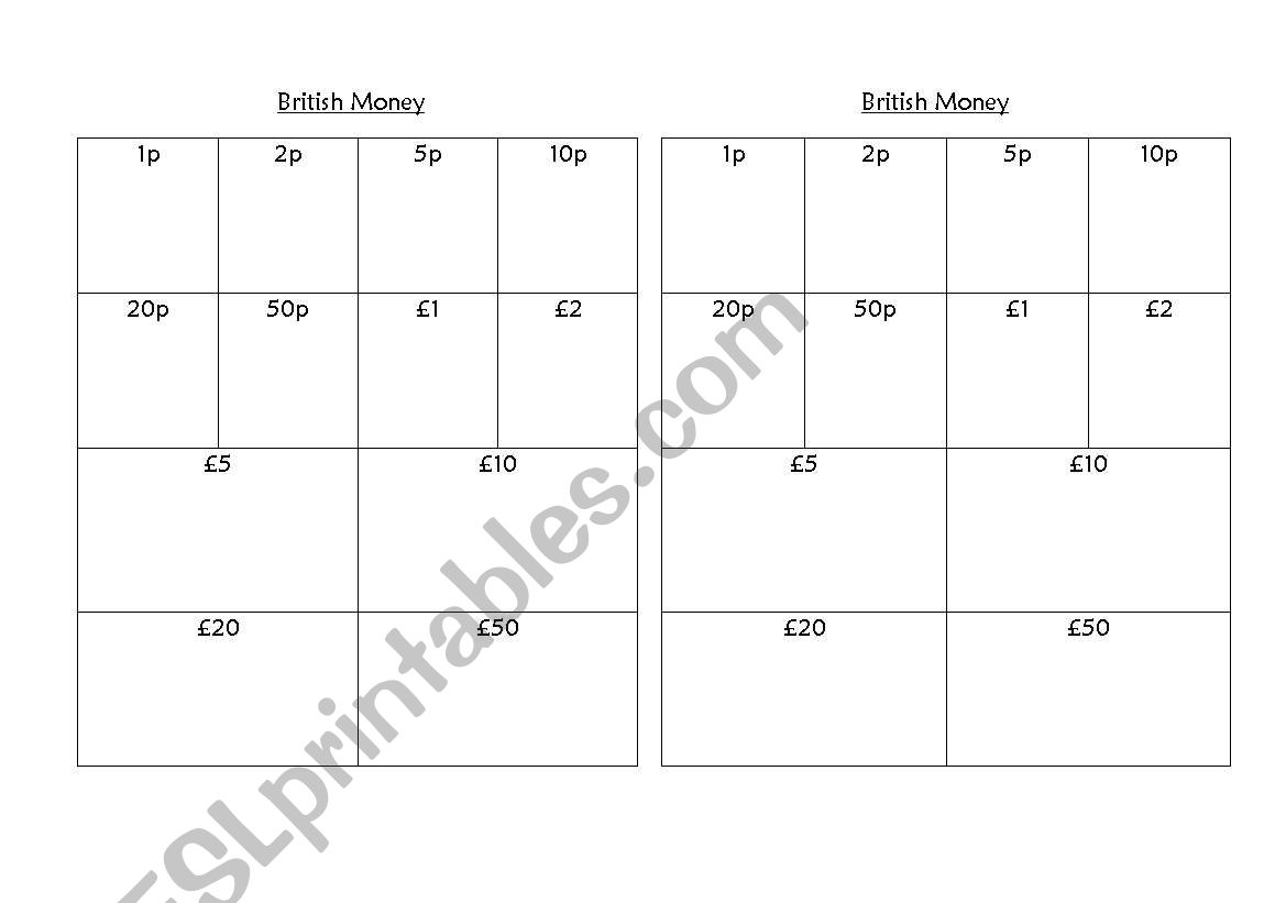 British money rubbing worksheet