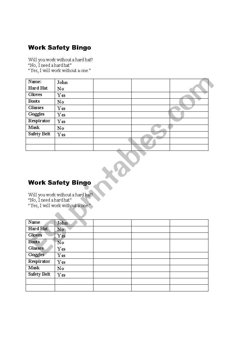 Safety Tool Bingo worksheet