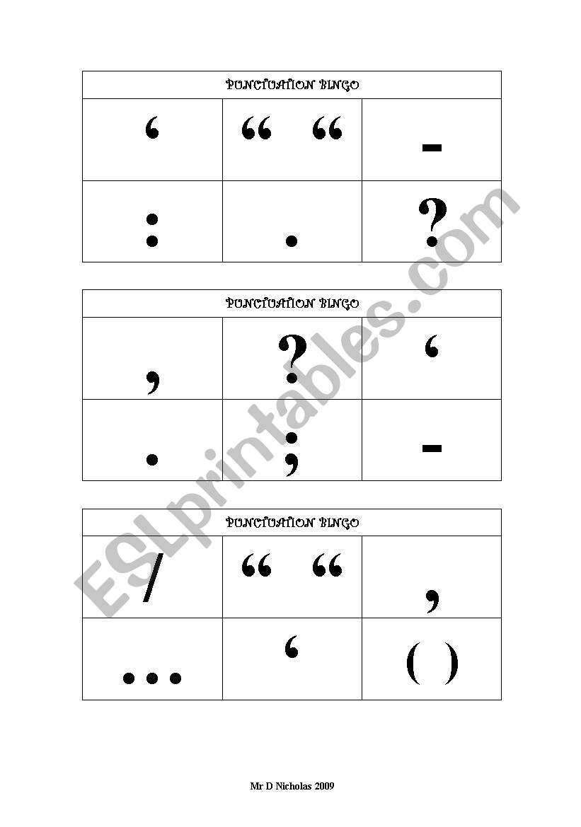 Punctuation Bingo Cards worksheet