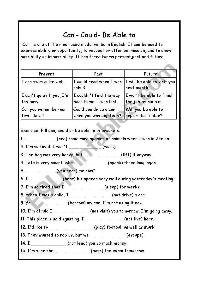 Modal Verbs Can Could Be Able To ESL Worksheet By Anulka1