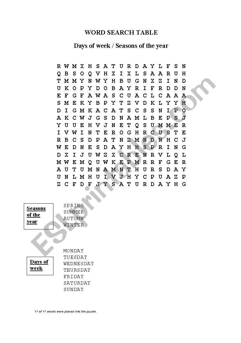 word search -DAYS OF THE WEEK AND SEASONS OF YEAR