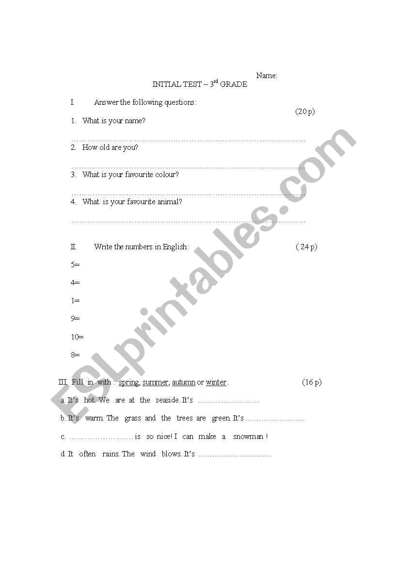 Third grade test worksheet