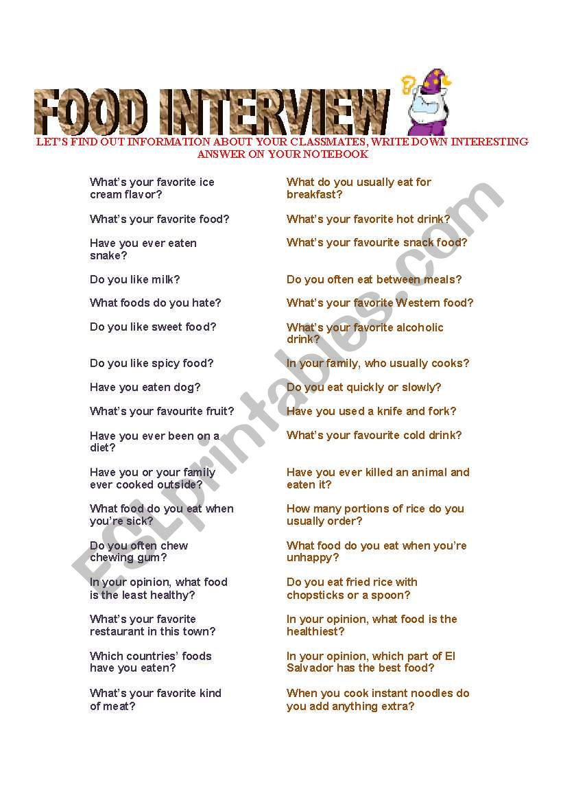 FOOD INTERVIEW worksheet