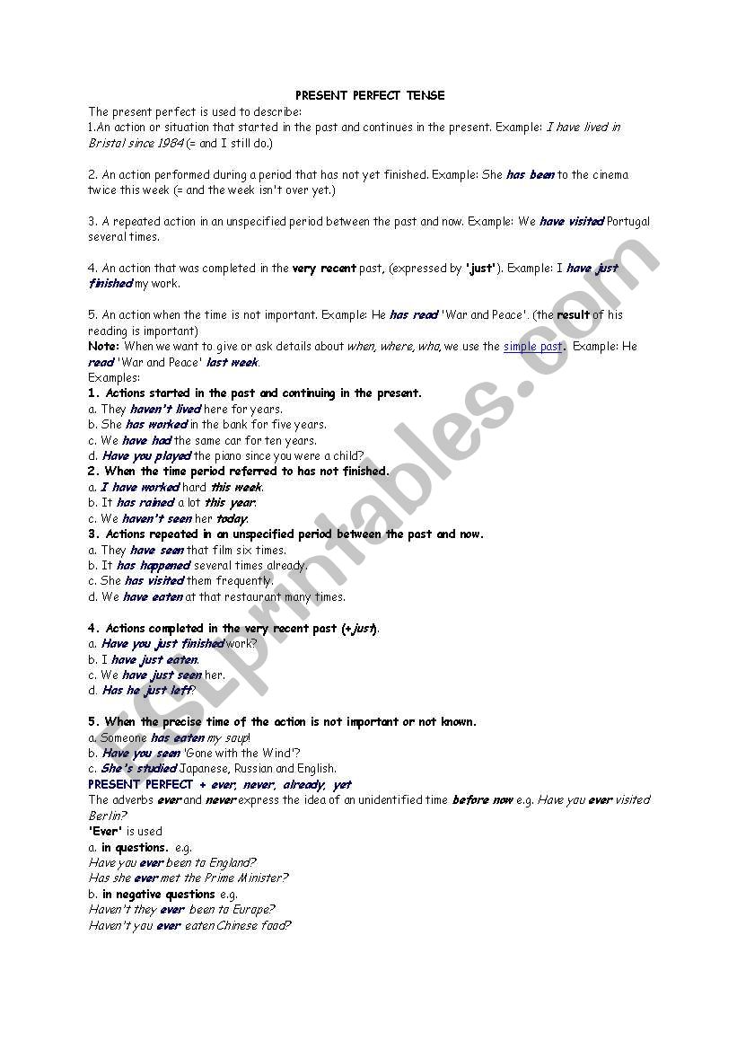 present perfect worksheet