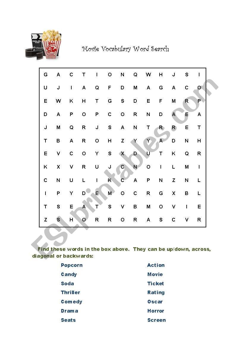 english worksheets movie vocabulary word search