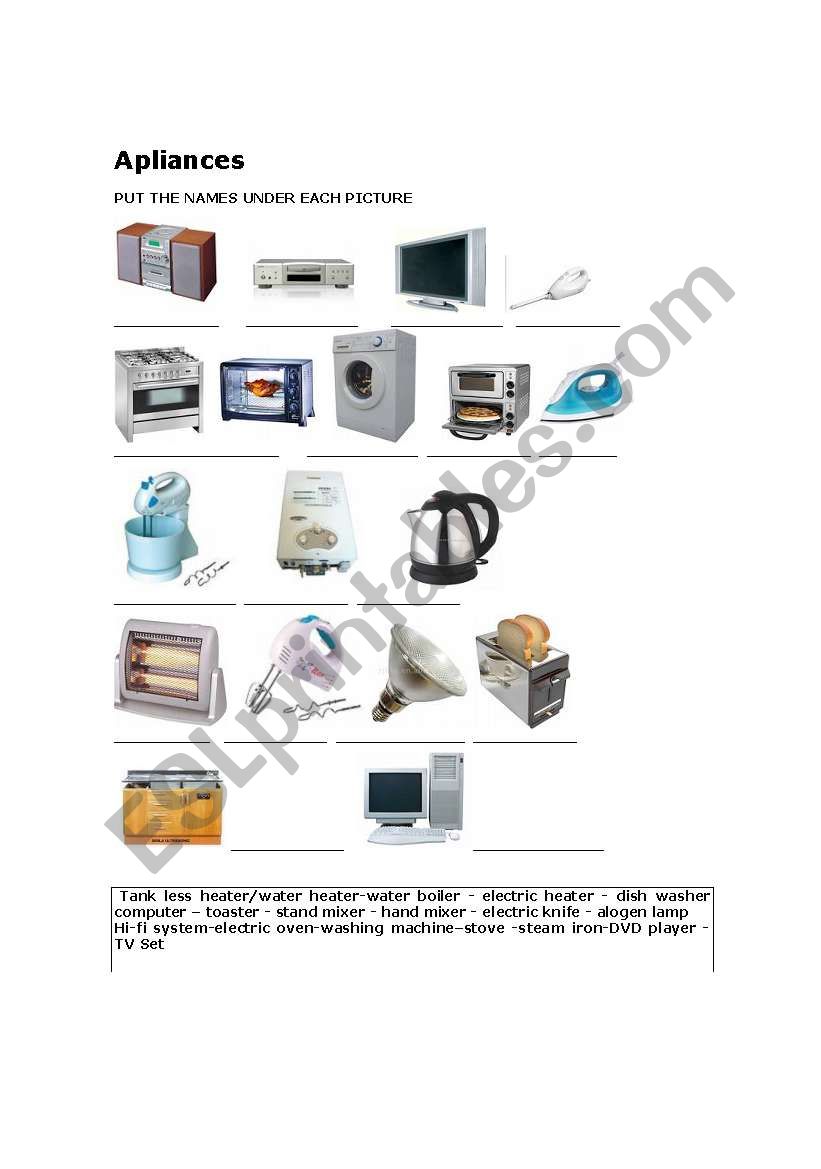 apliances  worksheet