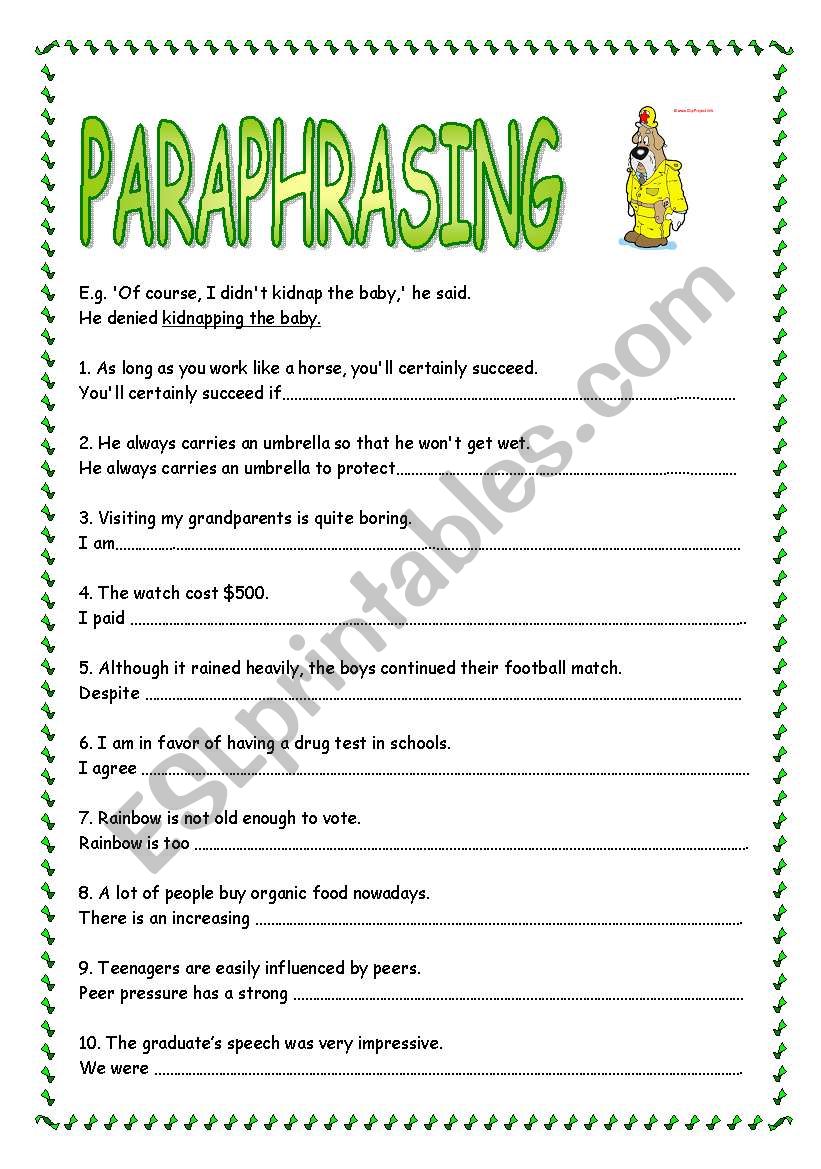 paraphrasing lesson worksheet