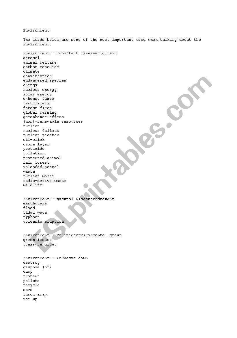 Environment vocabulary worksheet