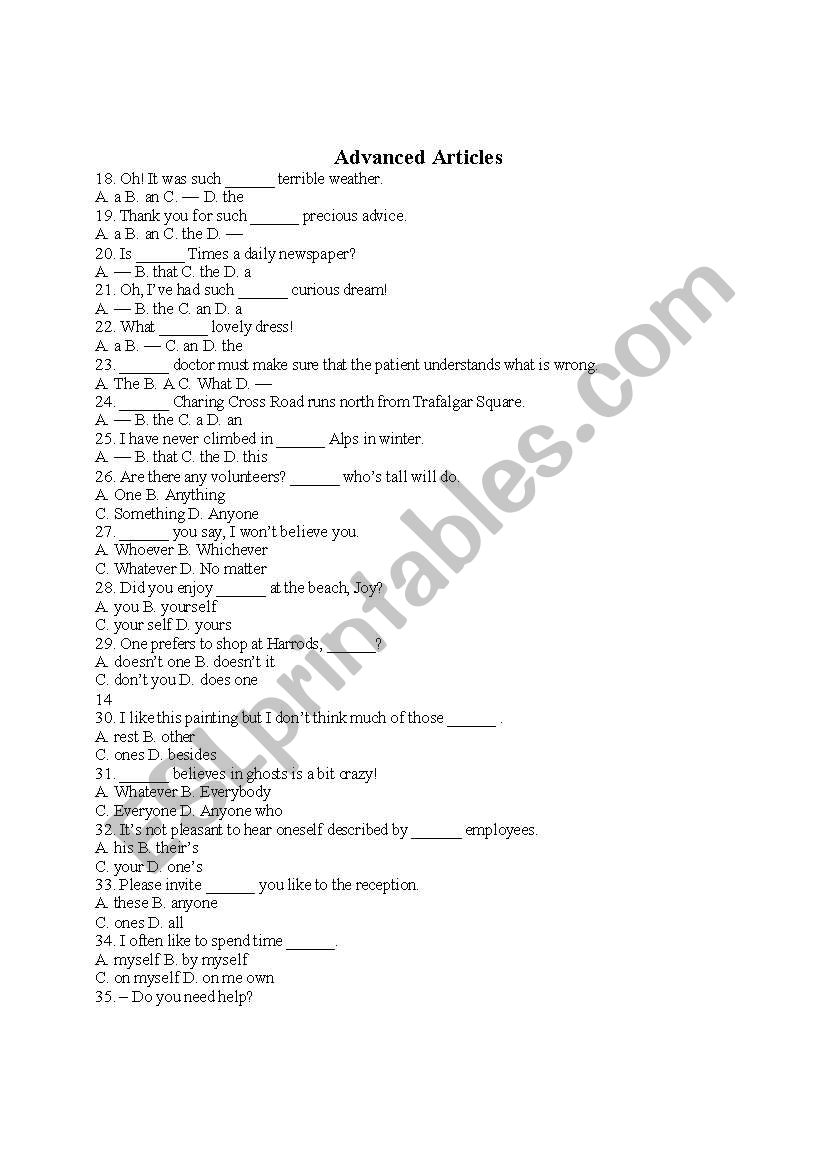 Intermediate - Upper Articles worksheet