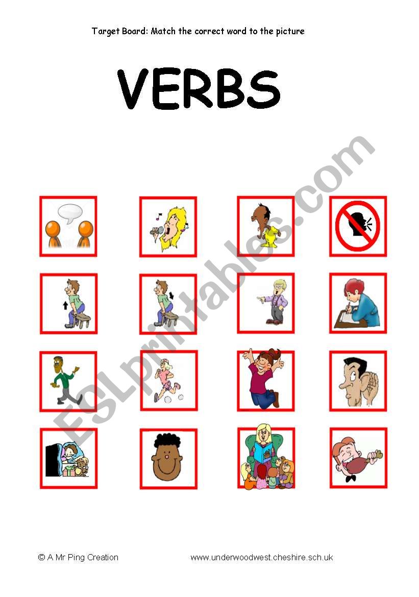 Common Classroom/School Verbs Target Board Activity