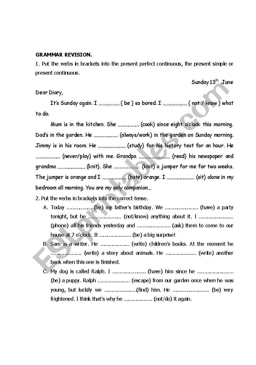 present tenses  revision worksheet