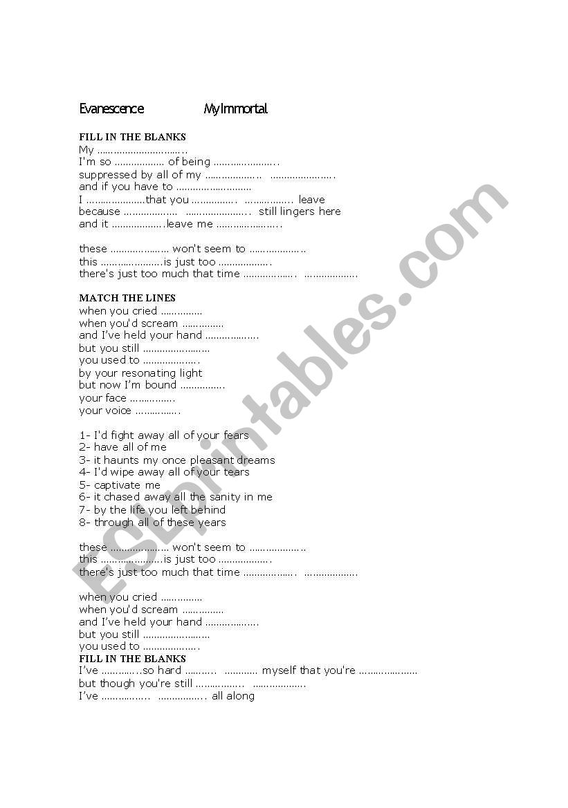 evanesce my immortal song worksheet