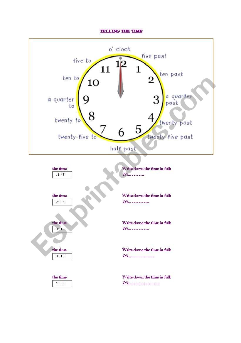 Telling the time  worksheet