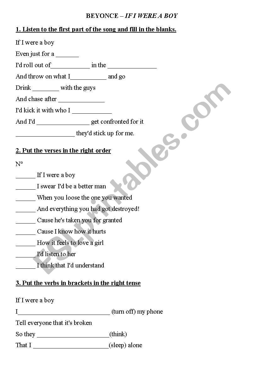 If I were a boy - Beyonce worksheet