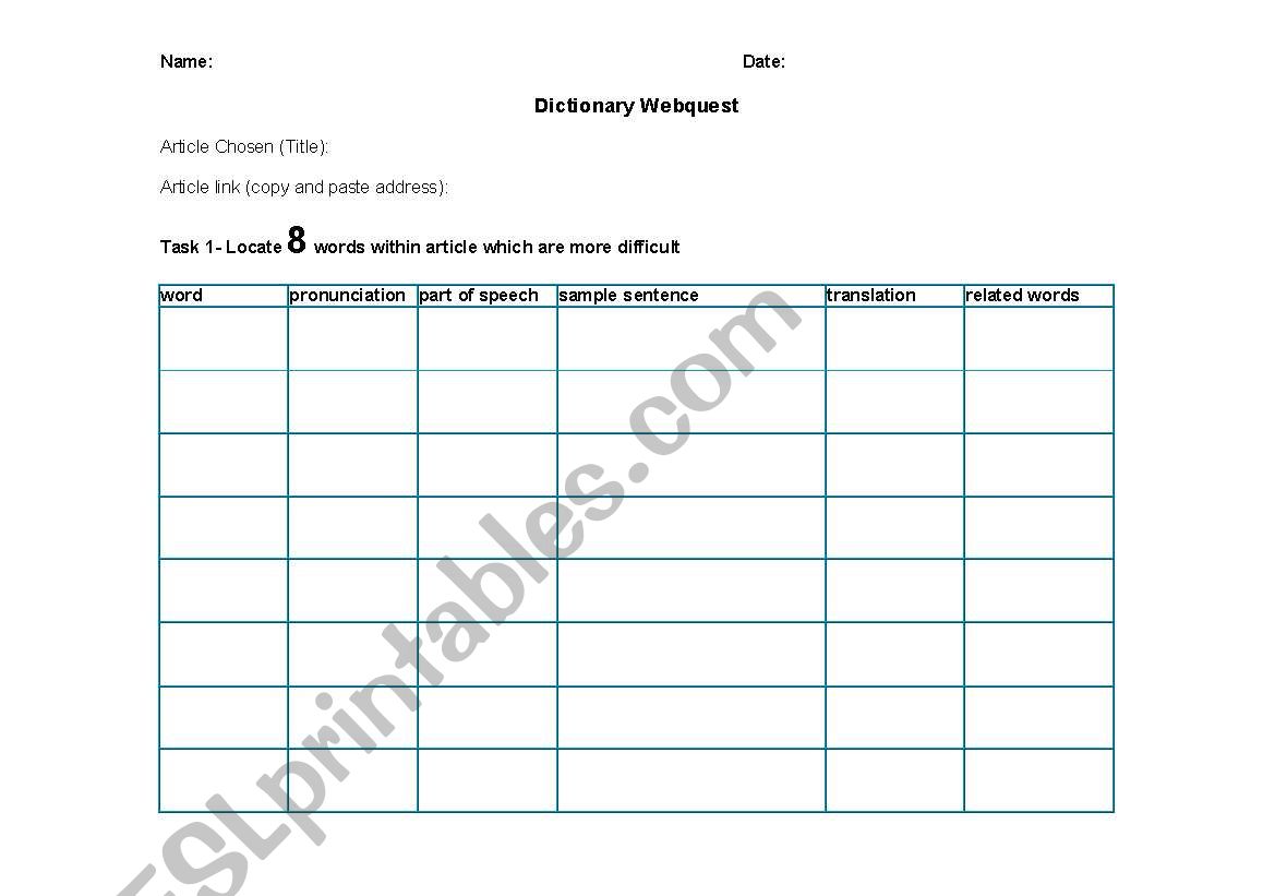 Dictionary Webquest worksheet